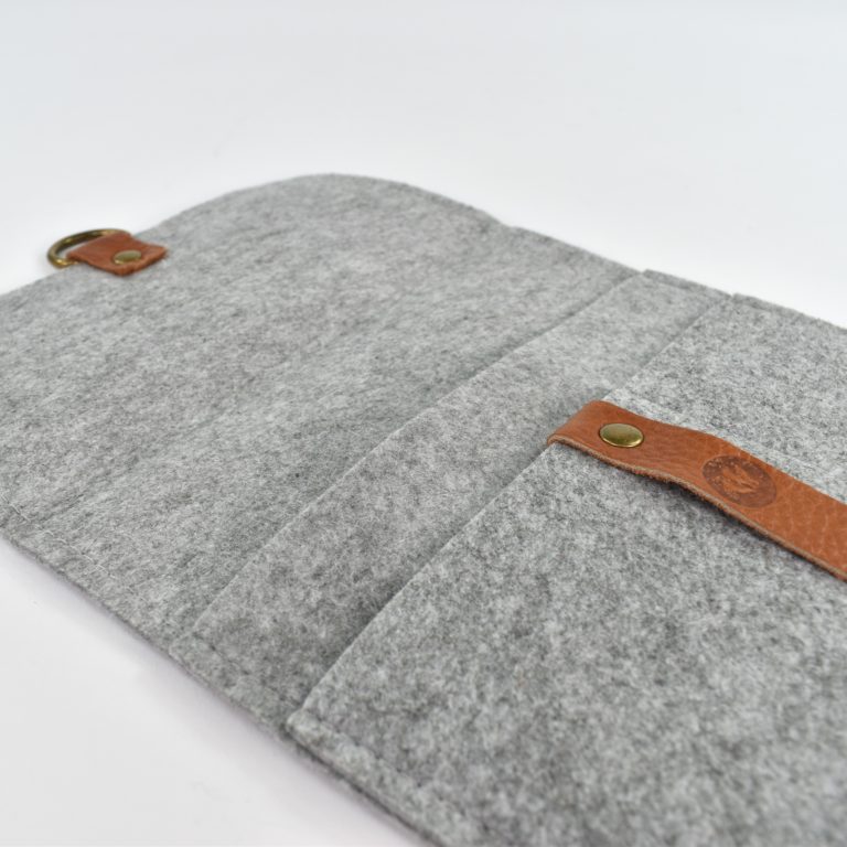 Open Felt Pouch Showing Pocket Sections and Strap Closure